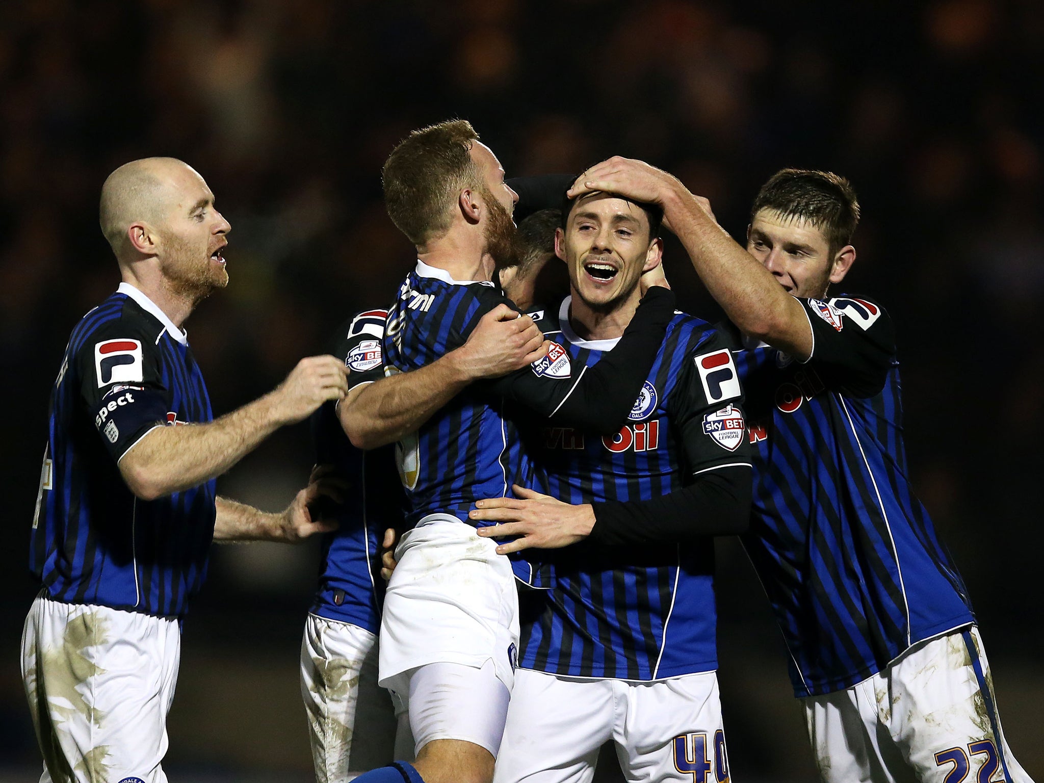 Ian Henderson celebrates after scoring for Rochdale in their 2-0 win over Leeds