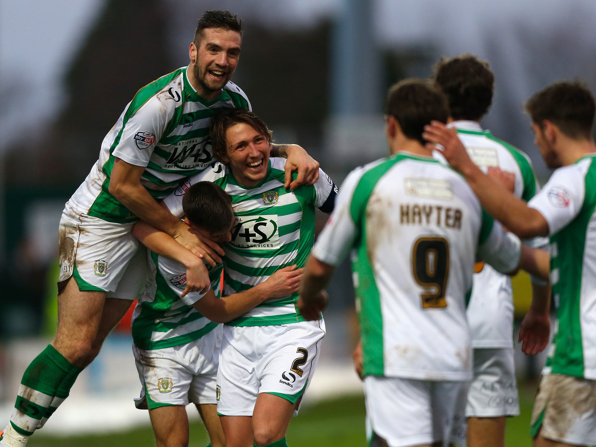 Yeovil celebrate after James Hayter scores against Leyton Orient