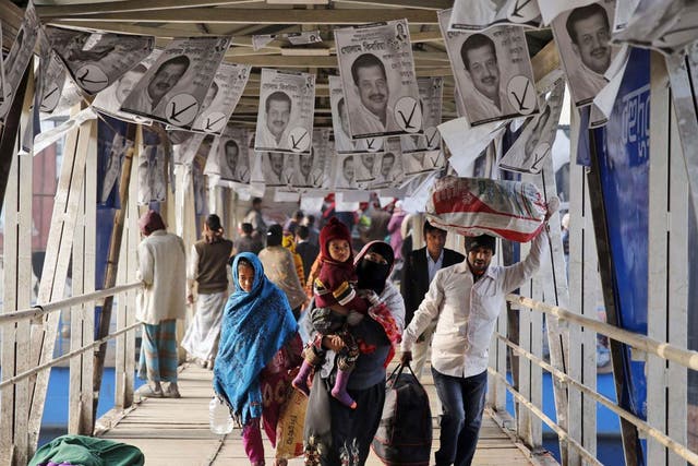 Election day: Dhaka’s ferry terminal was festooned with campaign leaflets 