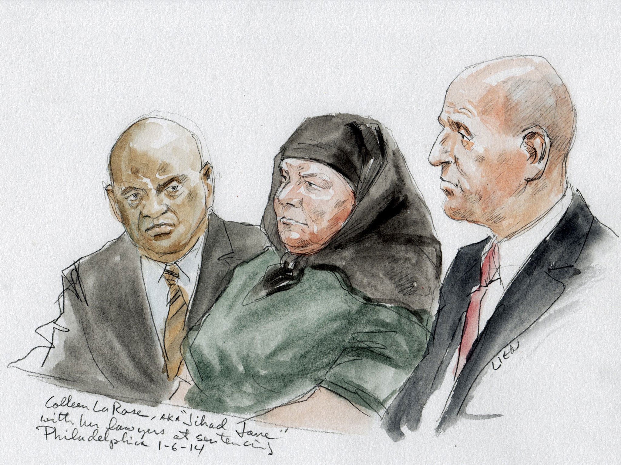 Colleen LaRose and her attorney Mark Wilson, right, are shown in this courtroom sketch during her sentencing hearing in Philadelphia