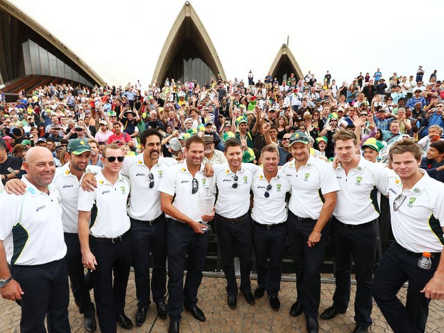 Australia celebrate their Ashes victory with the public in front of the Sydney Opera House