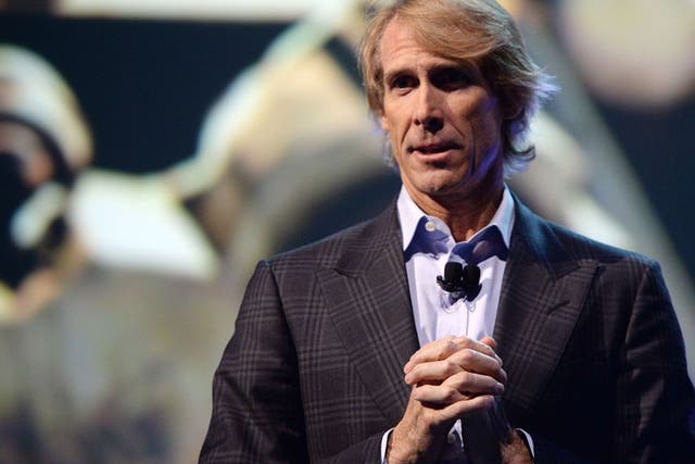 Michael Bay on stage with Samsung VP Joe Stinziano at the Consumer Electronic Show