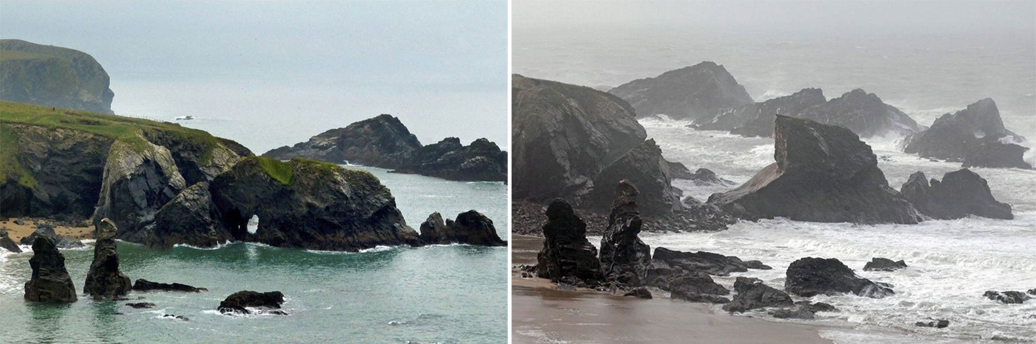 The site of the rock arch at Porthcothan Bay before (L) and after it was destroyed by the recent storms