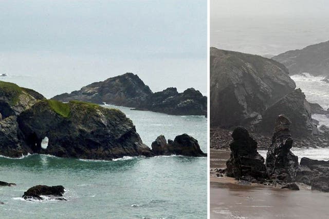 The site of the rock arch at Porthcothan Bay before (L) and after it was destroyed by the recent storms