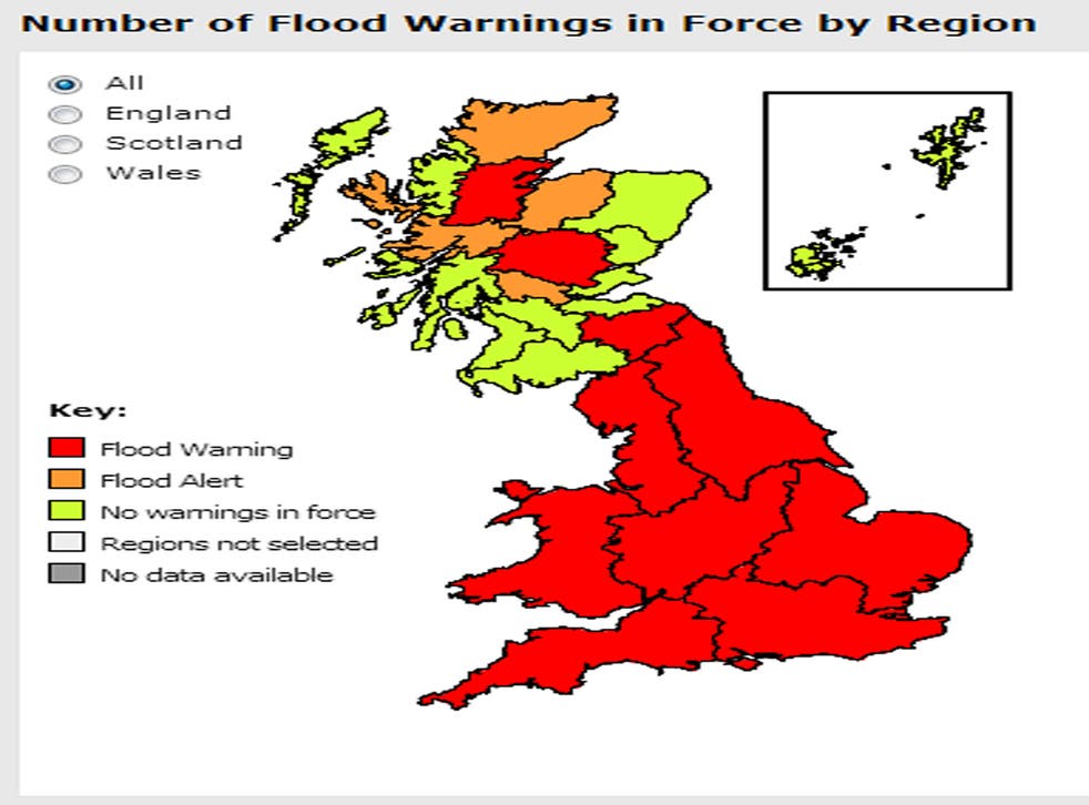 The Environment Agency has been forced to issue flood alerts in every region of England and Wales, including three severe warnings
