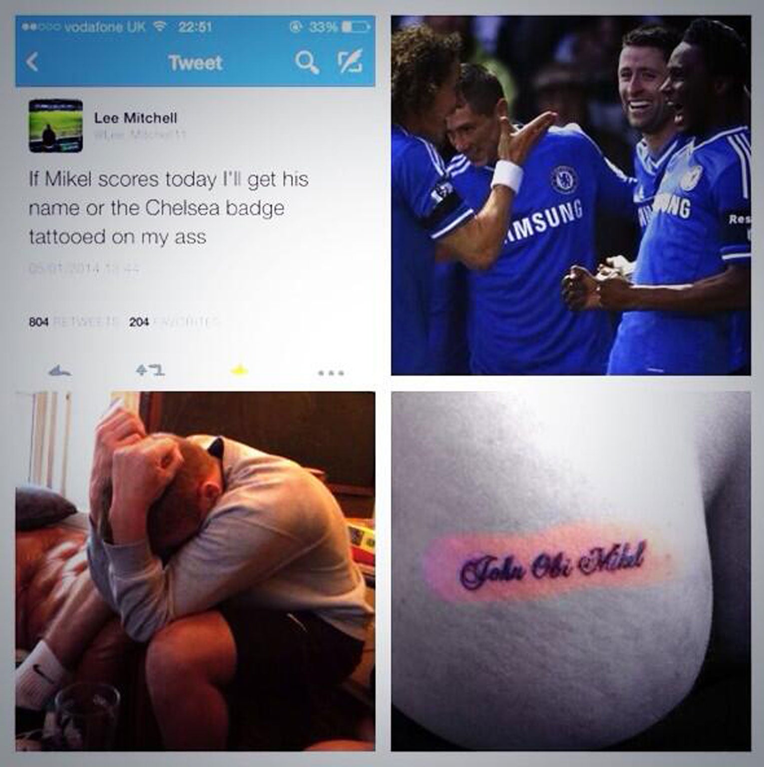 Chelsea fan Lee Mitchell made a collage of his John Obi Mikel tattoo experience