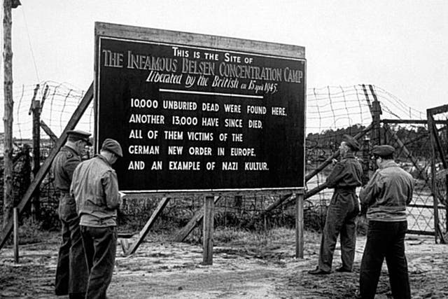 The entrance of the Bergen-Belsen camp pictured in 1945