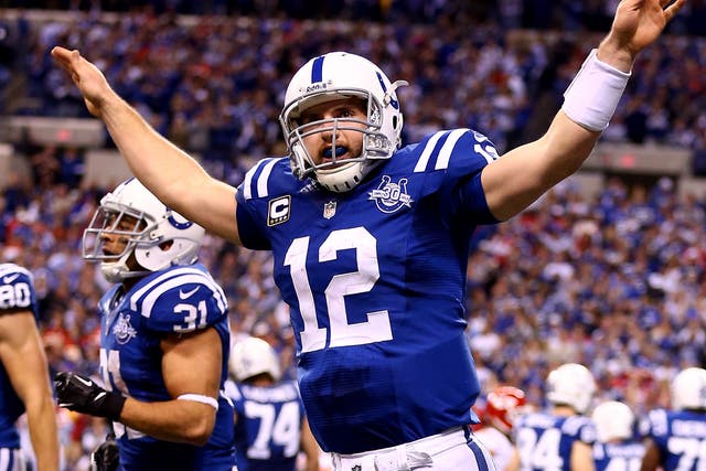 Andrew Luck celebrates after leading the Indianapolis Colts to an unlikely victory against the Kansas City Chiefs