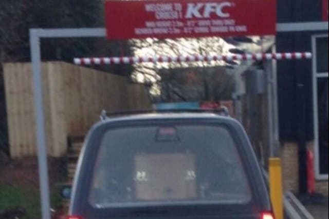Twitter user Craig Davies claims to have taken this photo of a hearse at the drive-through of a fast-food restaurant 