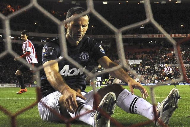 Ryan Giggs looks downcast after scoring an own goal in Manchester United’s defeat against Sunderland at the Stadium of Light