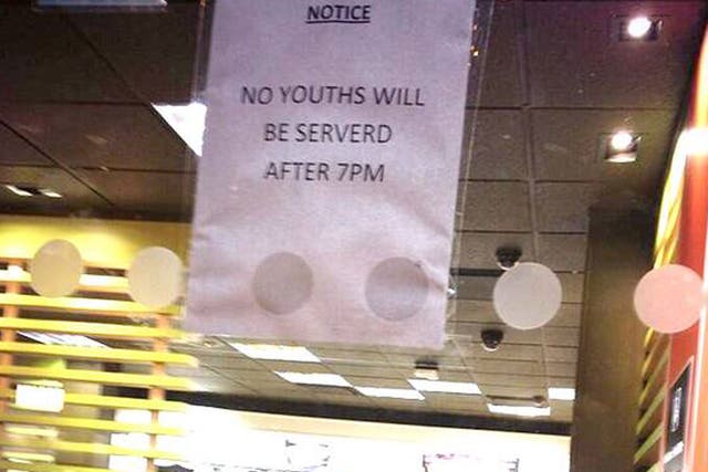 The misspelt sign said youths would not be permitted after 7pm 