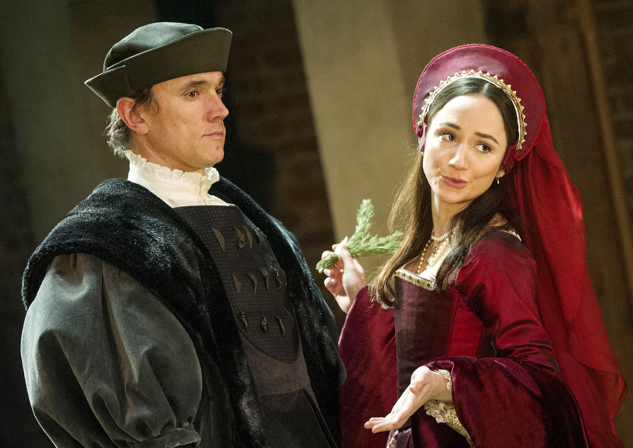 Ben Miles as Thomas Cromwell and Lydia Leonard as Anne Boleyn in Wolf Hall