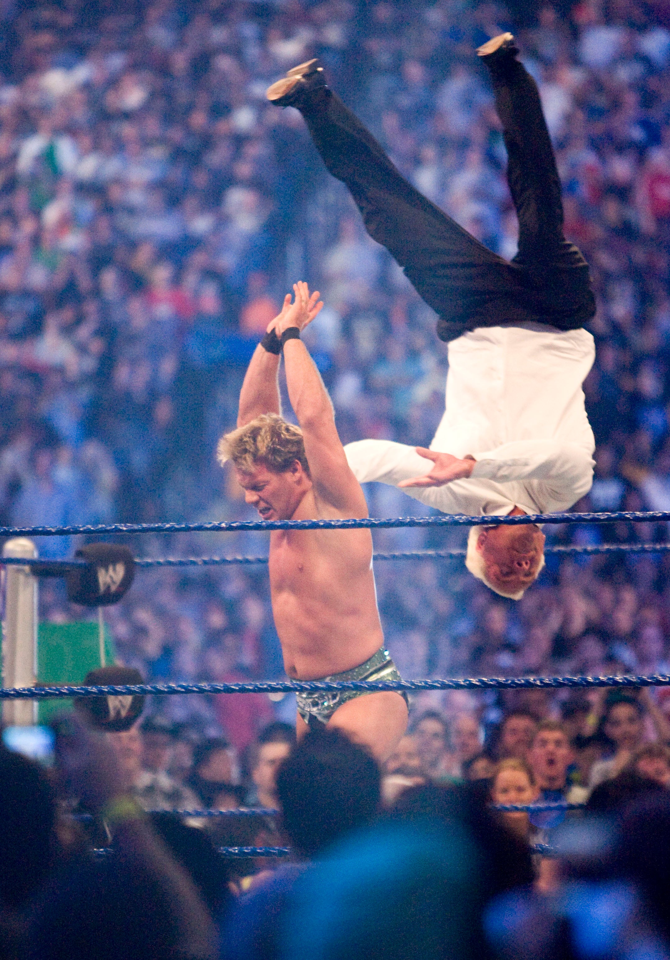 The WWE Network will provide access to archived pay per view content such as Wrestlemania (above - Ric Flair is thrown into the air by Chris Jericho in 2009). Credit: Getty Images.