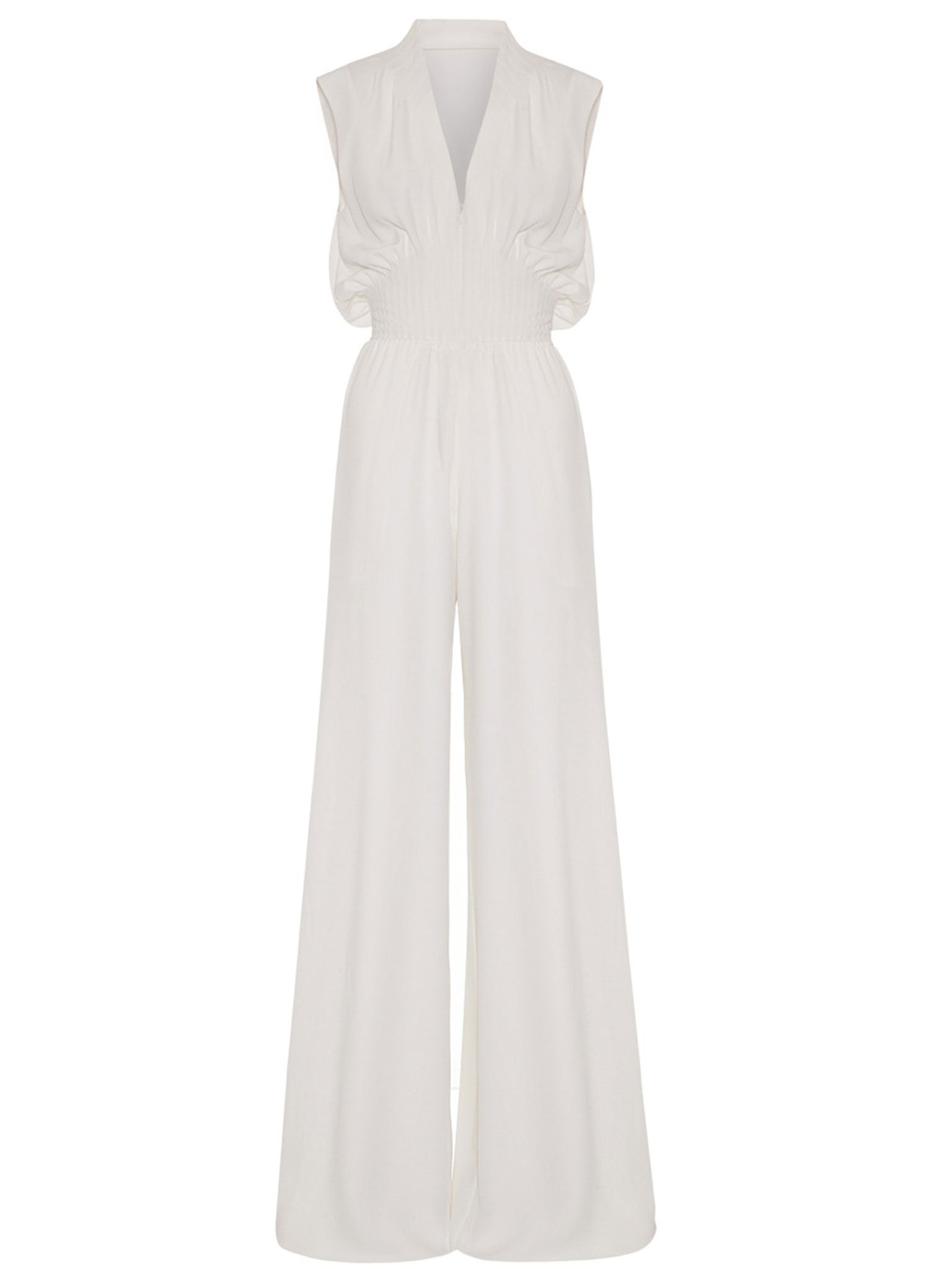 Fitriani,
white pleated waist silk jumpsuit, £2,995, fitriani.com