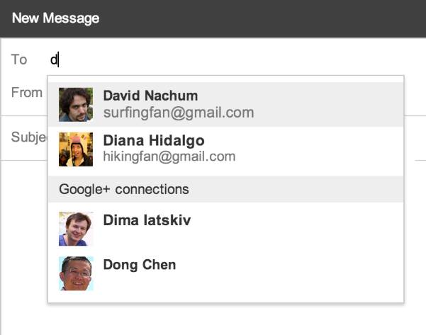 Who are you again? Gmail suggests new contacts from your Google+ account. Image credit: Google.