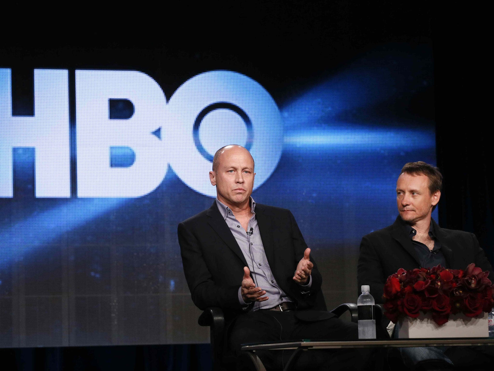 Mike Judge (left) and Alec Berg talk about their new sitcom 'Silicon Valley' at a presentation for TV critics in Pasadena