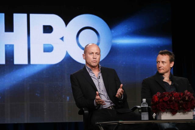 Mike Judge (left) and Alec Berg talk about their new sitcom 'Silicon Valley' at a presentation for TV critics in Pasadena 