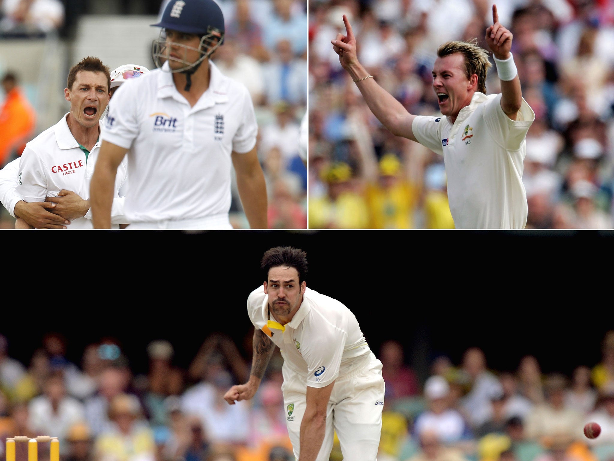 South Africa's Dale Steyn (top left) celebrates bowling Alastair Cook at The Oval in 2012. The fast bowler's consistency is his main strength; Brett Lee (top right) spearheaded Australia's bowling in the mid-Noughties with pace but lacking the X-factor; A
