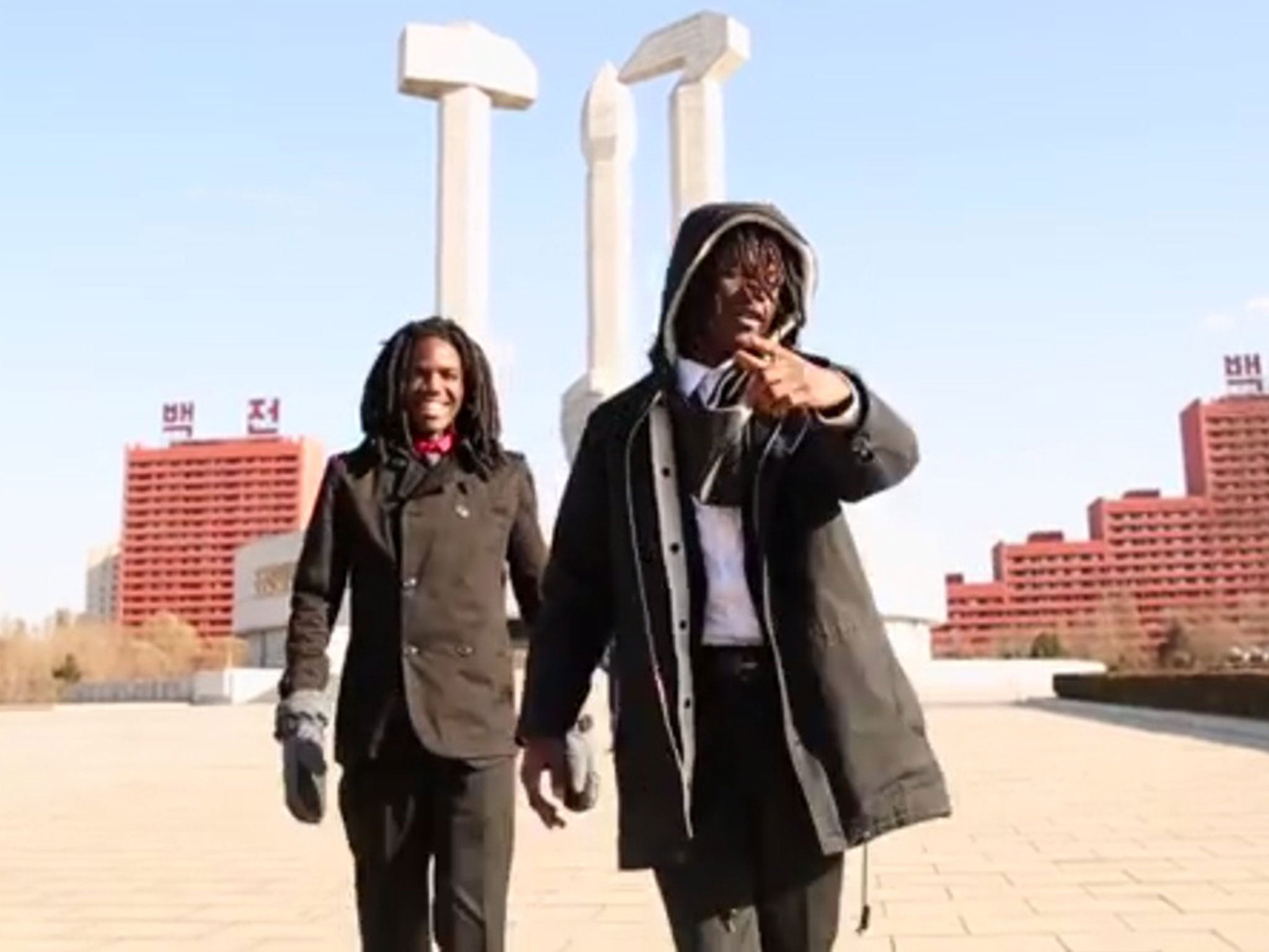 Rappers Pacman and Peso in their 'Escape to North Korea' music video