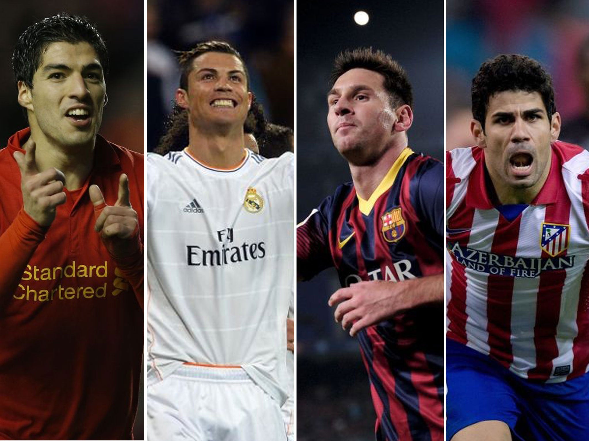 Scoring for fun: Goals are coming thick and fast for (left to right) Luis Suarez, Ronaldo,Leo Messi and Diego Costa