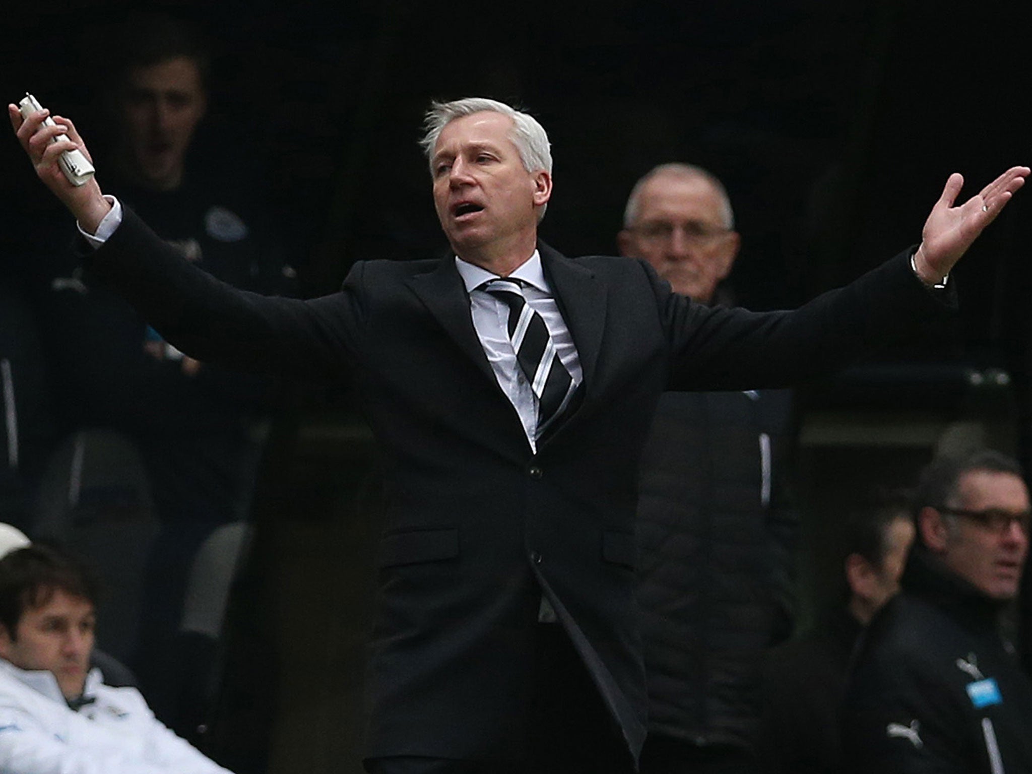 Alan Pardew is left furious and bemused as Cheik Tiote's goal is ruled out for offside during Newcastle's 2-0 defeat to Manchester City