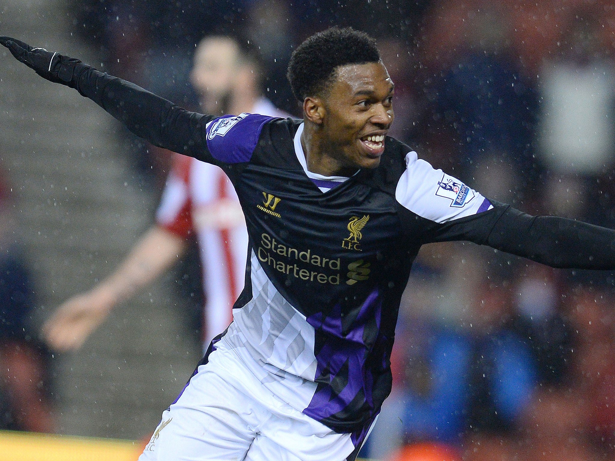 Liverpool striker Daniel Sturridge celebrates after scoring their fifth goal in the 5-3 victory over Stoke City