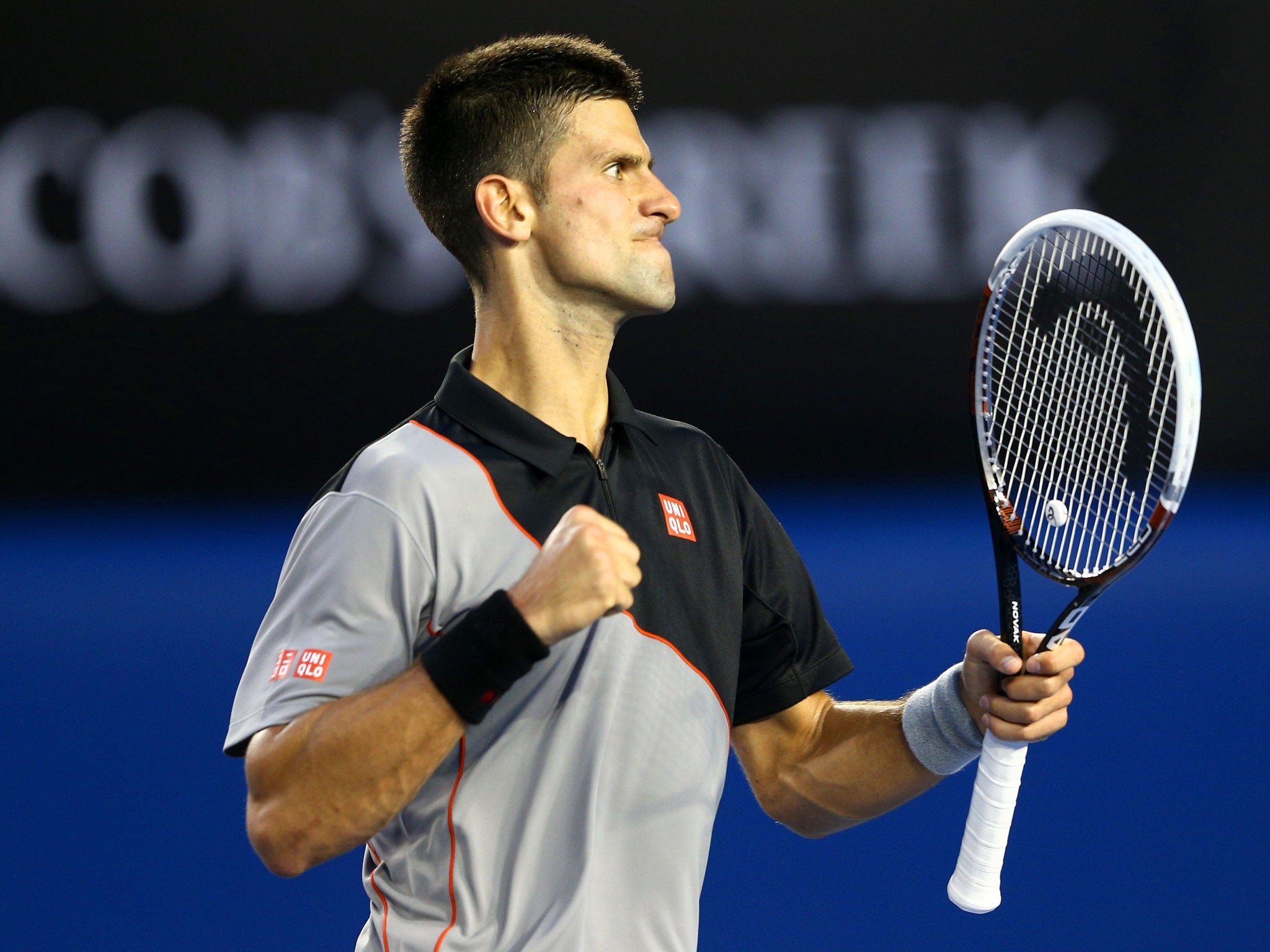 Novak Djokovic celebrates a point in his first round victory against Lukas Lacko of Slovakia