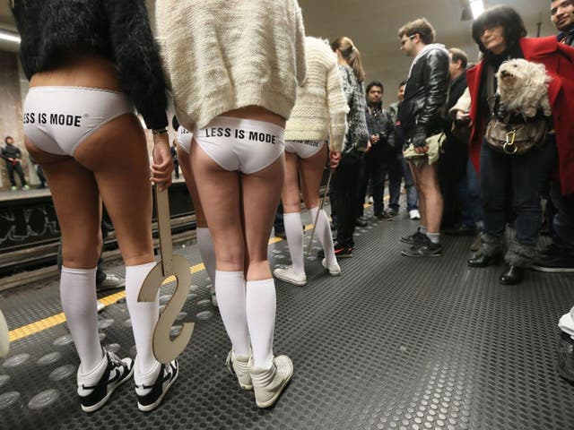 People wearing no pants participate in the first No Pants Subway Ride in Brussels
