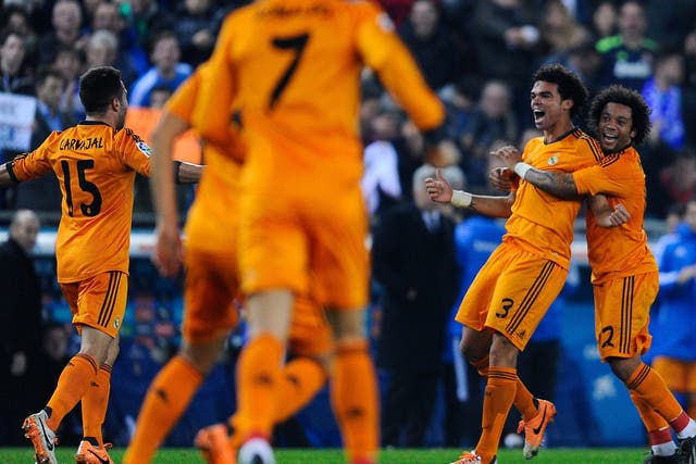 Pepe of Real Madrid celebrates scoring the only goal of the game against Espanyol