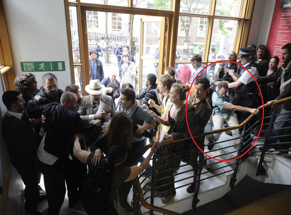 Simon Behman at the SOAS protest in 2011, ringed,