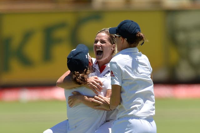 England's Anya Shrubsole celebrates with her team-mates following the Ashes Test victory over Australia in Perth