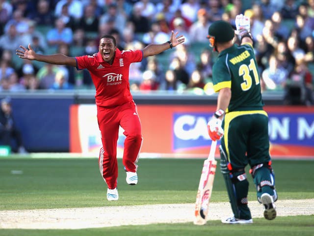 Chris Jordan appeals for an lbw decision during the first one-dayer against Australia