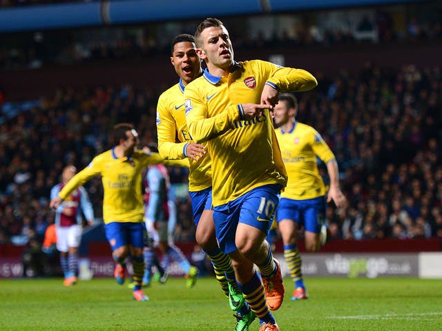 Arsenal's Jack Wilshere celebrates scoring the opening goal in the Gunners' 2-1 Premier League victory over Aston Villa