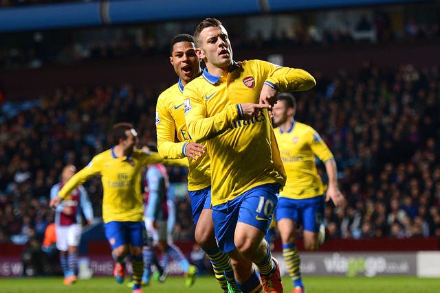 Arsenal's Jack Wilshere celebrates scoring the opening goal in the Gunners' 2-1 Premier League victory over Aston Villa