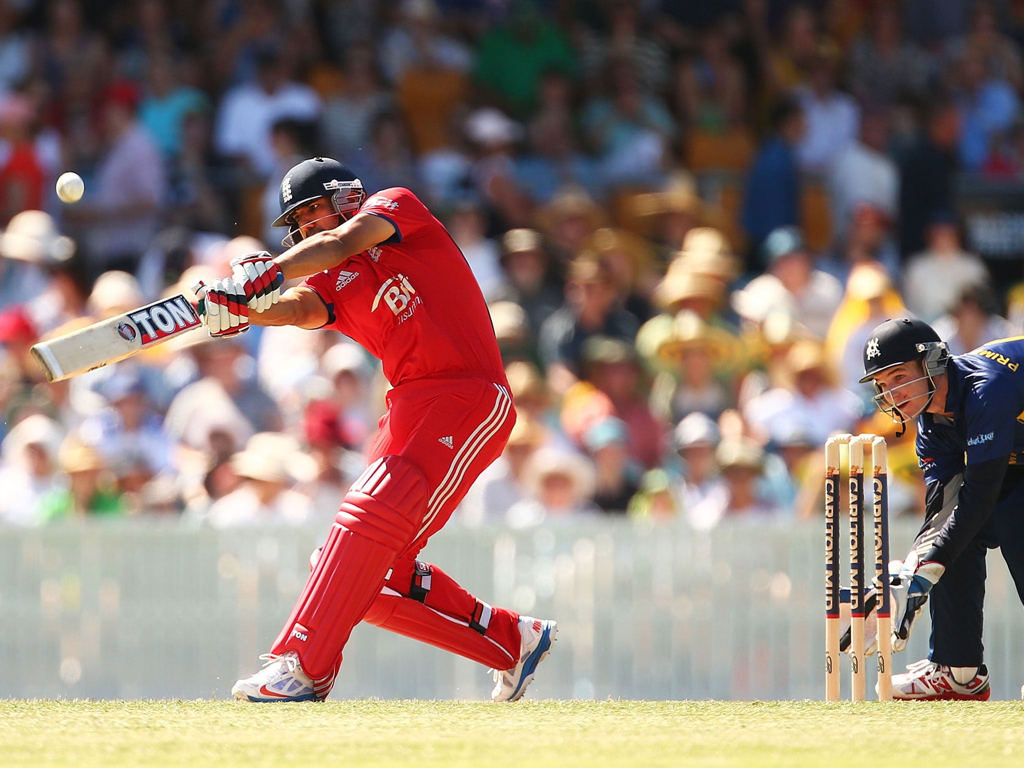 Ravi Bopara goes on the attack during England's 172-run victory over a Prime Ministers XI