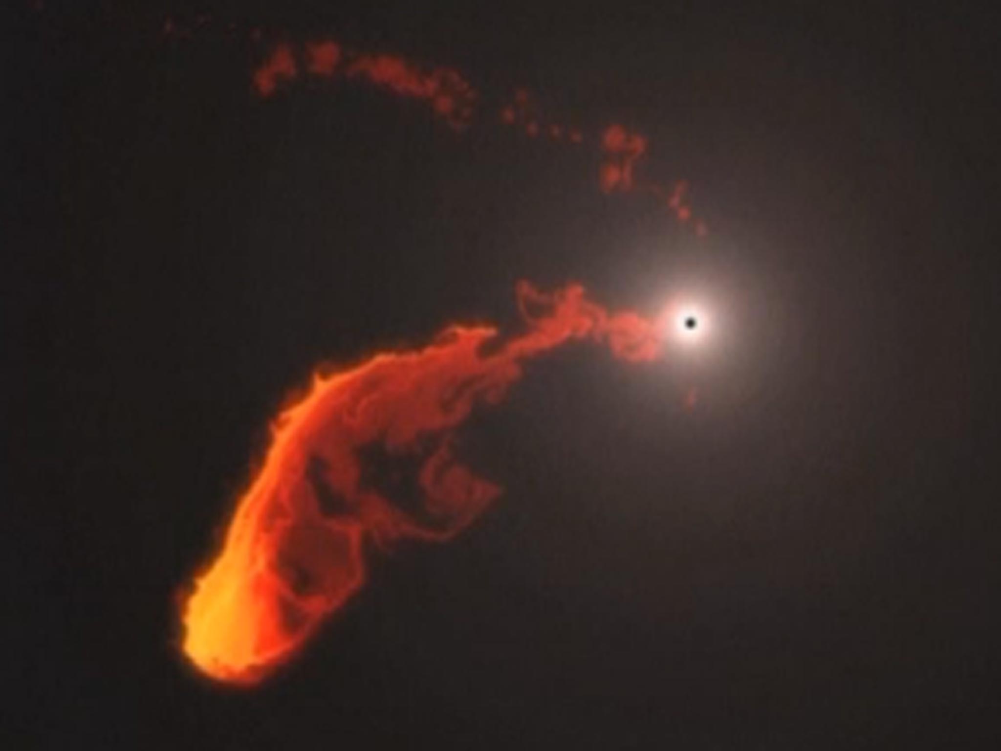 A simulation of the cloud of gas getting swallowed by the black hole
