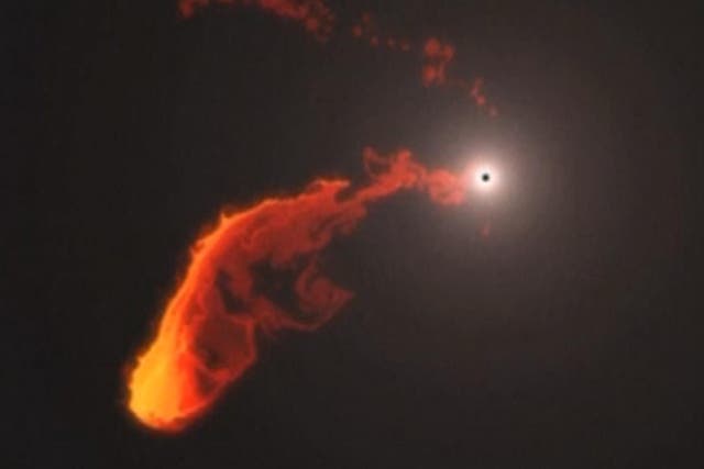 A simulation of the cloud of gas getting swallowed by the black hole