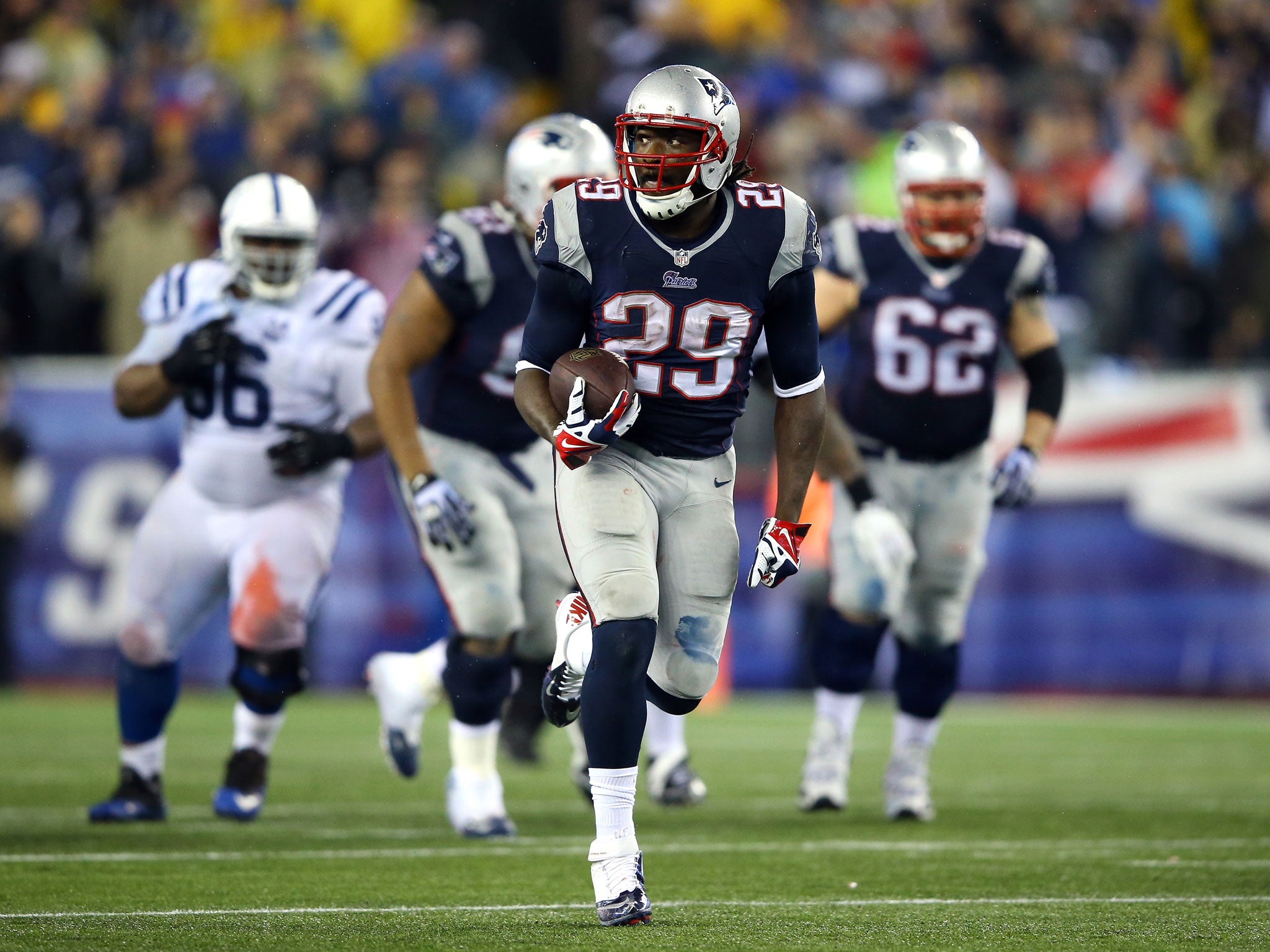 New England Patriots running-back LaGarrette Blount scored a record four rushing touchdowns in the play-off victory over the Indianapolis Colts