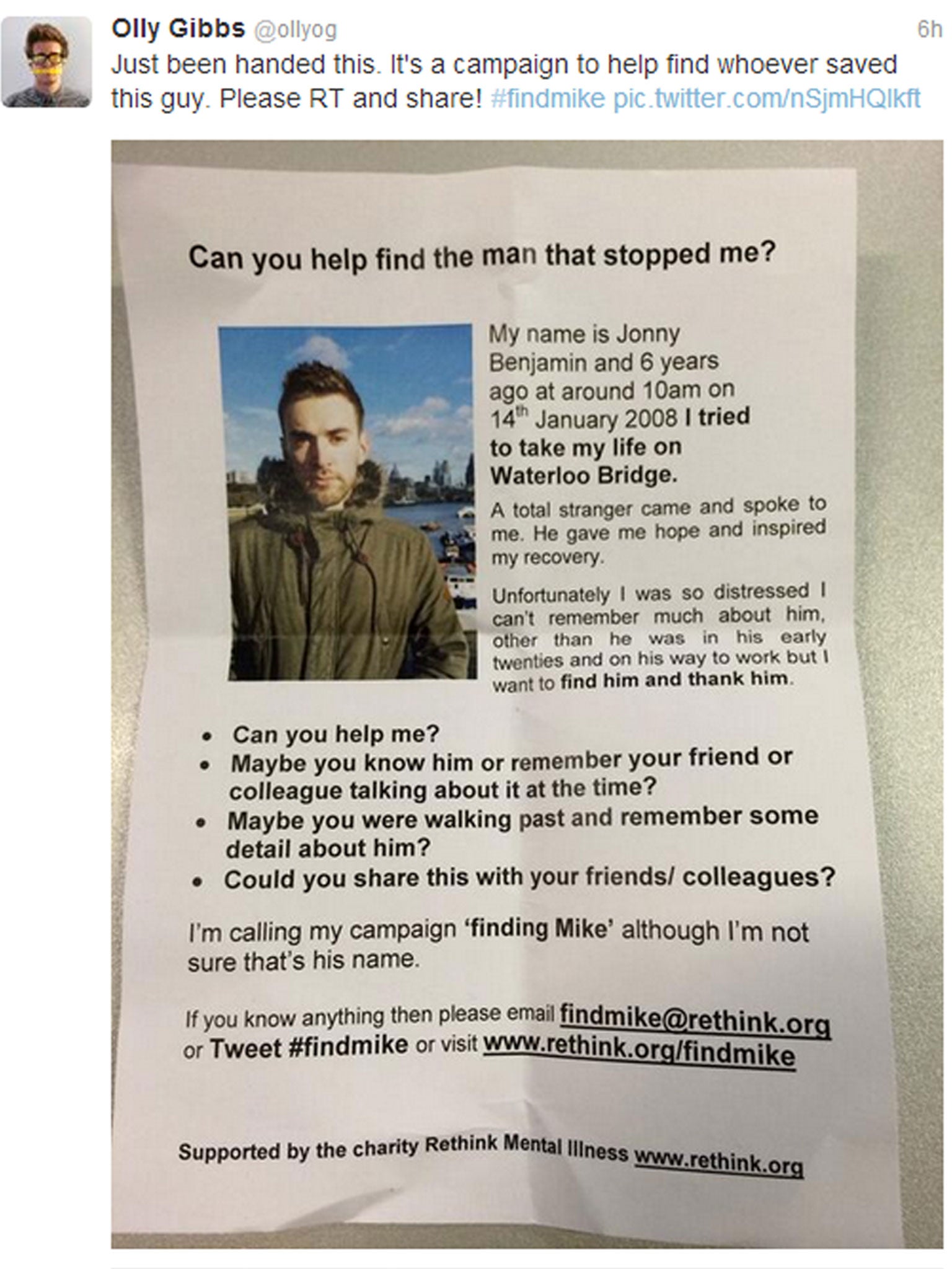 A tweet showing a leaflet being handed out as part of Jonny Benjamin's 'Finding Mike' campaign