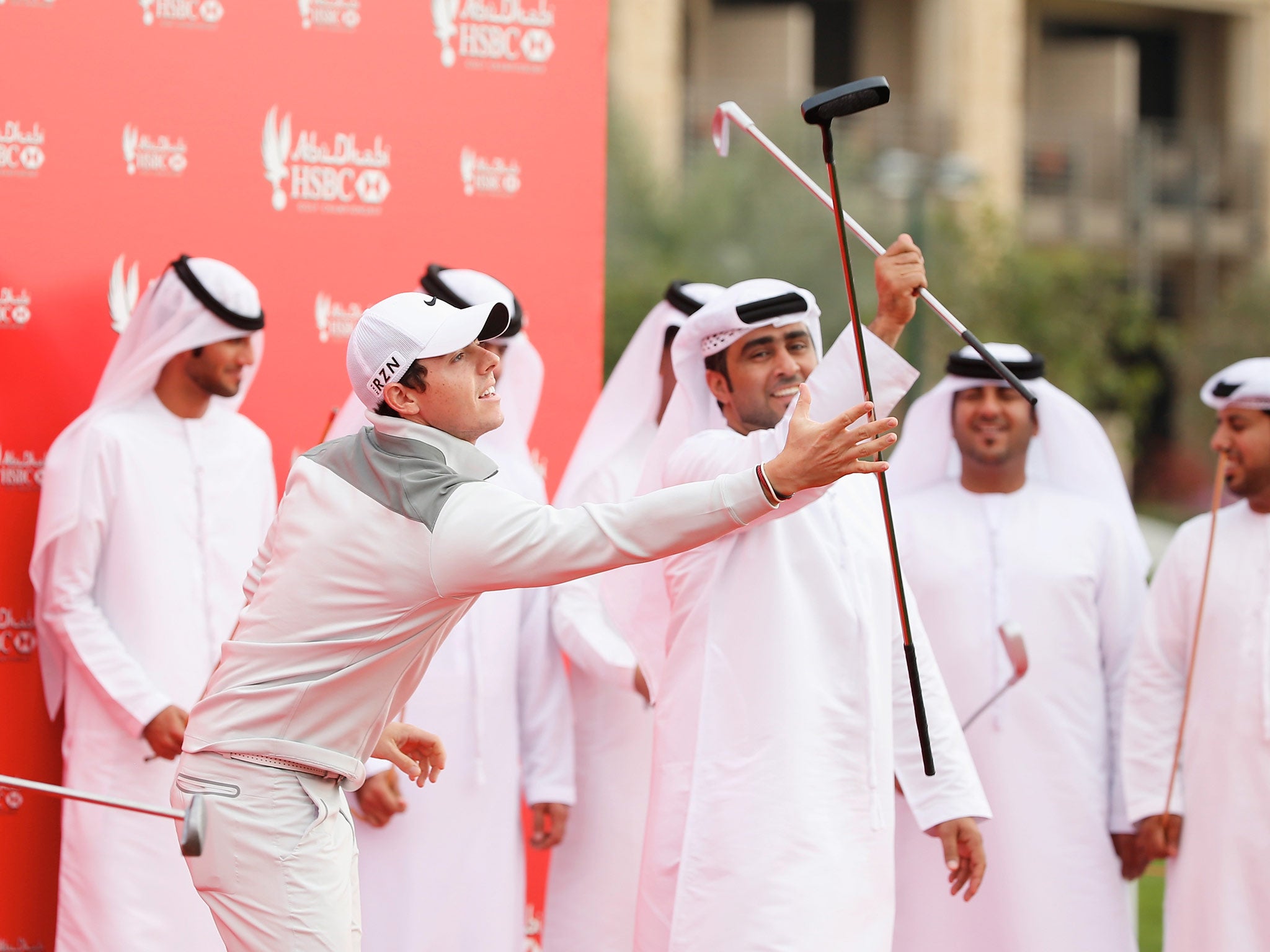 Rory McIlroy takes part in a PR stunt ahead of the Abu Dhabi HSBC Golf Championship