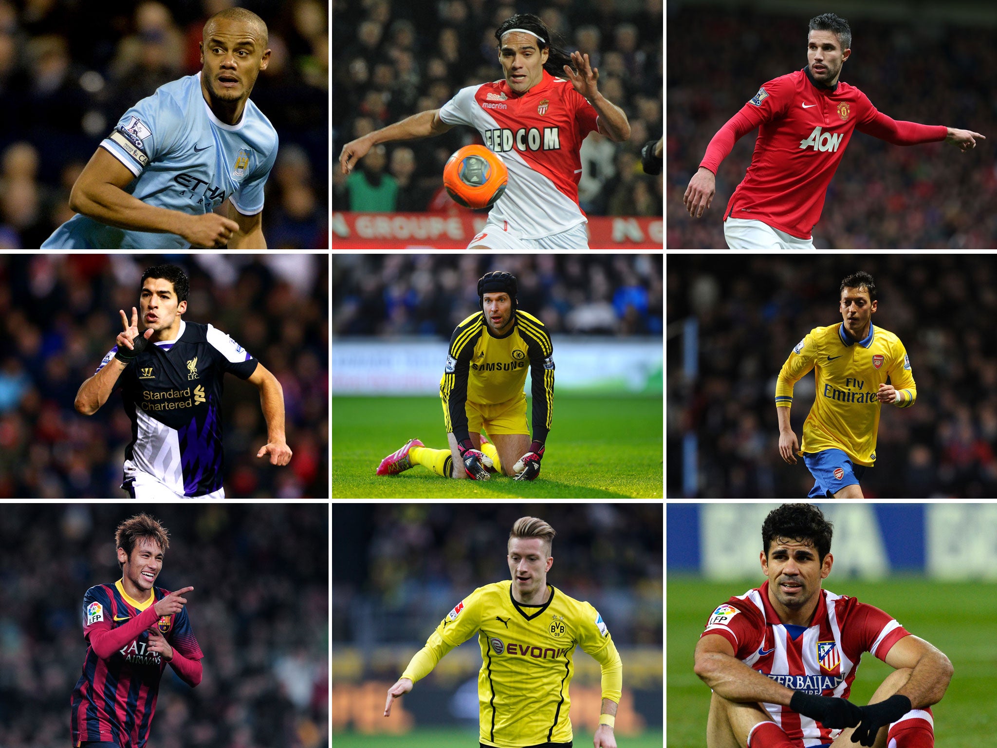(Clockwise starting top-left) Vicent Kompany, Radamel Falcao, Robin van Persie, Mesut Ozil, Diego Costa, Marco Reus, Neymar, Luis Suarez and Peter Cech (centre)