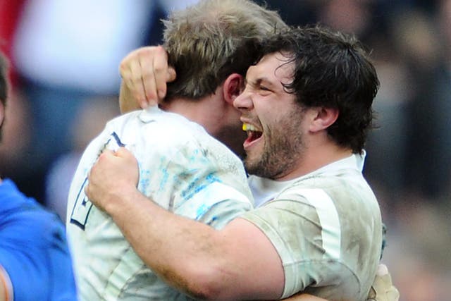 Alex Corbisiero (right) and Tom Croft celebrate England’s 2012 win in France. Nick Easter is confident of a repeat this year