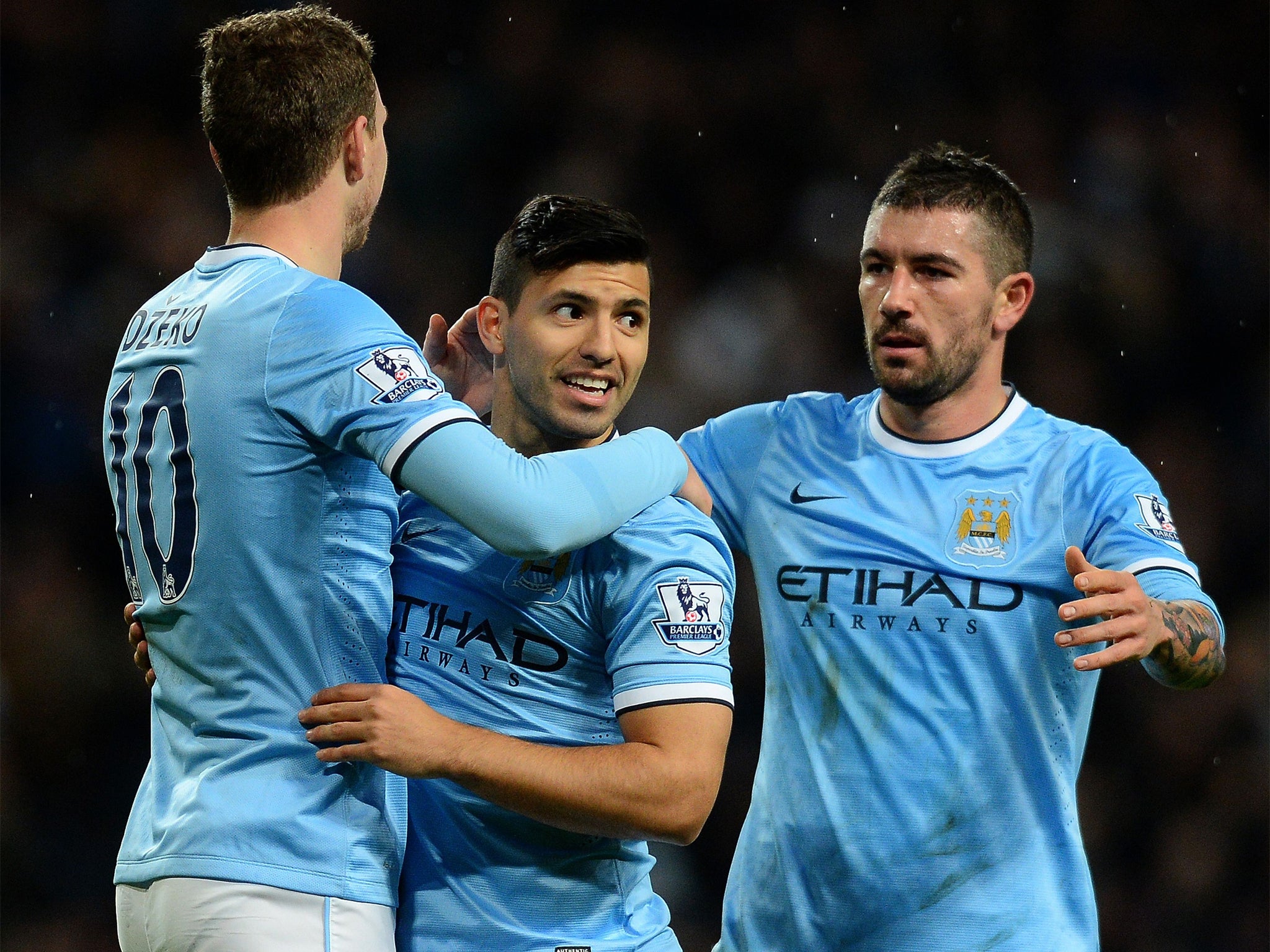 Sergio Aguero (centre) celebrates scoring in Manchester City’s 5-0 FA Cup win less than a minute after coming on as substitute