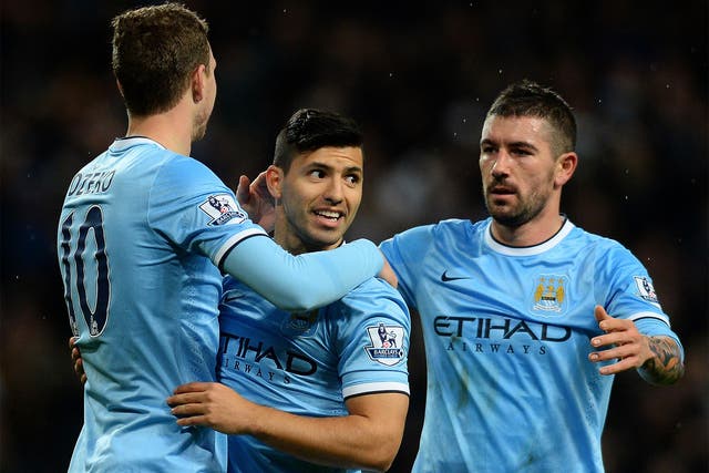 Sergio Aguero (centre) celebrates scoring in Manchester City’s 5-0 FA Cup win less than a minute after coming on as substitute
