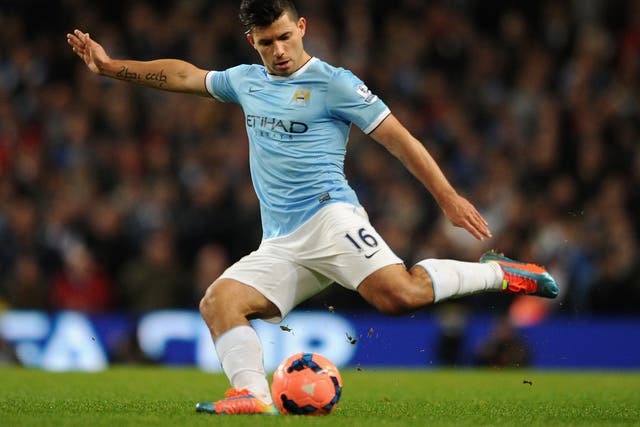 Sergio Aguero shoots during the 5-0 win over Blackburn Rovers after an eight-match absence for Manchester City