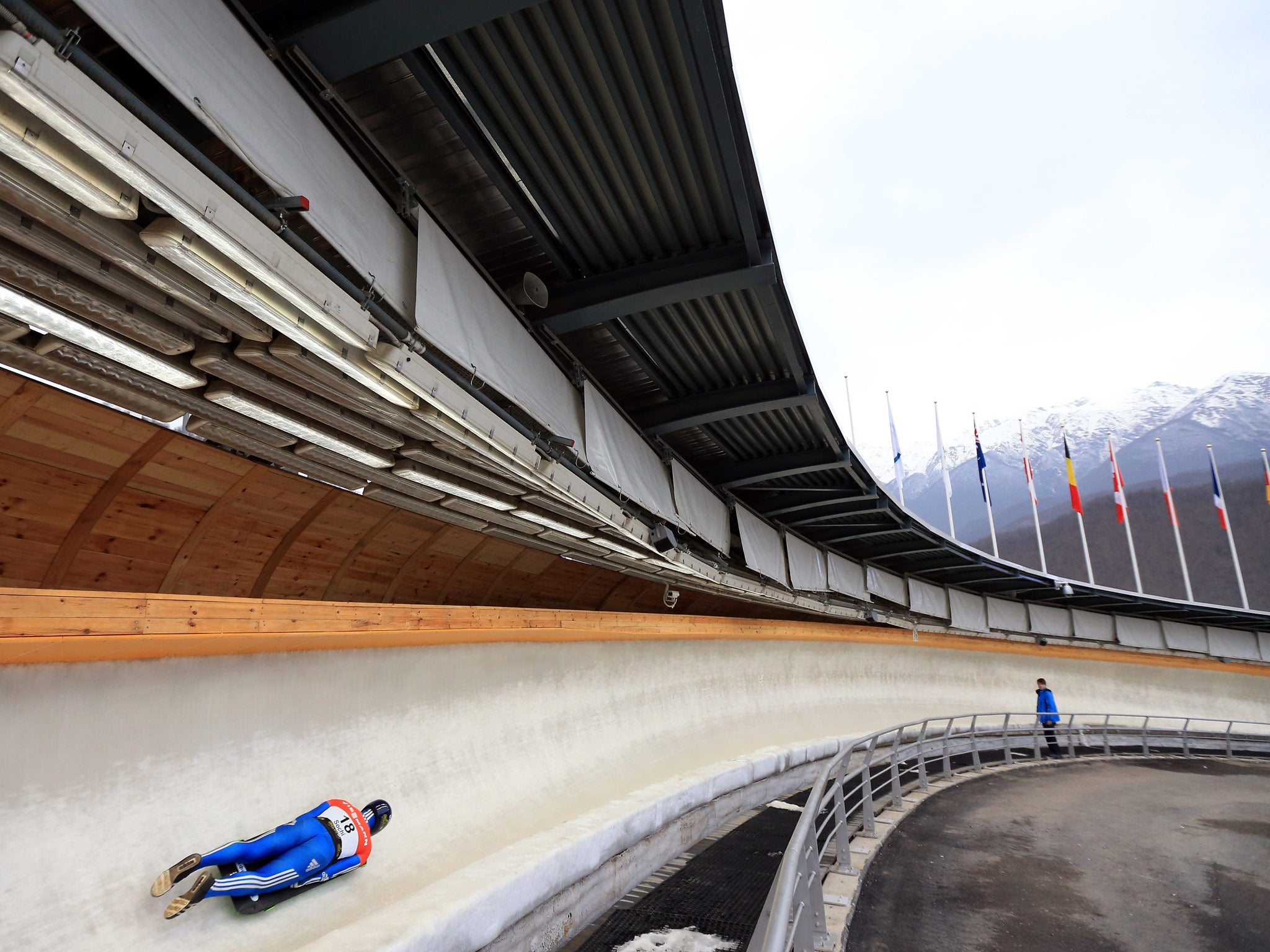 A general view of the track as a Skeleton rider goes down the slope at the Sanki Sliding Center