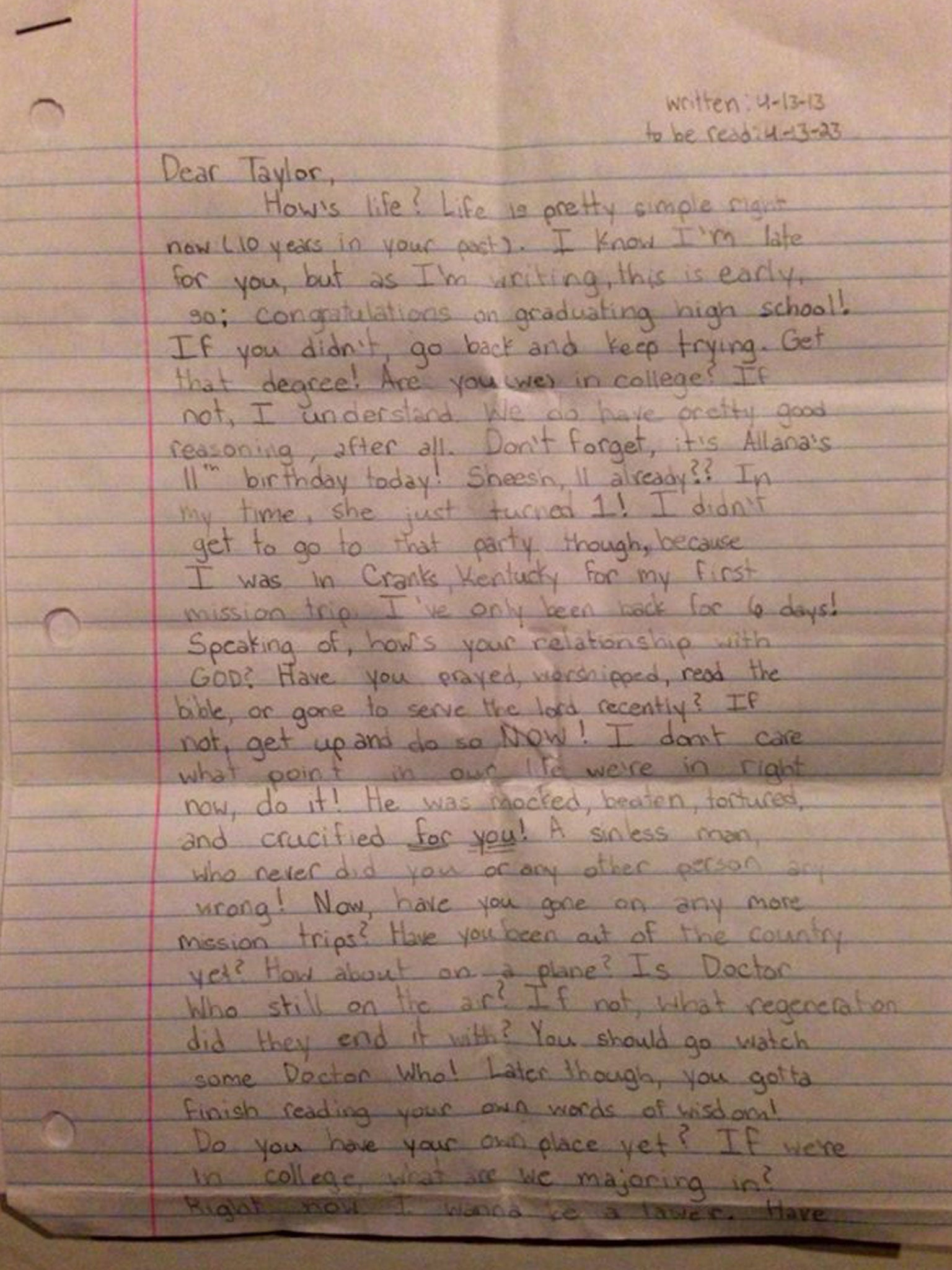 The letter 12-year-old Taylor penned to her 22-year-old self