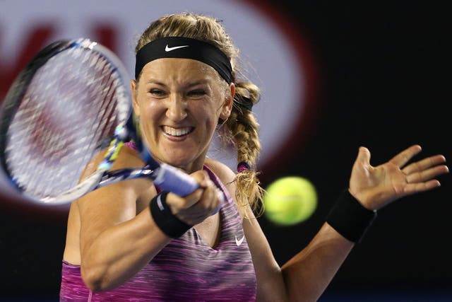 Victoria Azarenka of Belarus plays a forehand in her second round victory over Barbora Zahlavova Strycova of the Czech Republic 