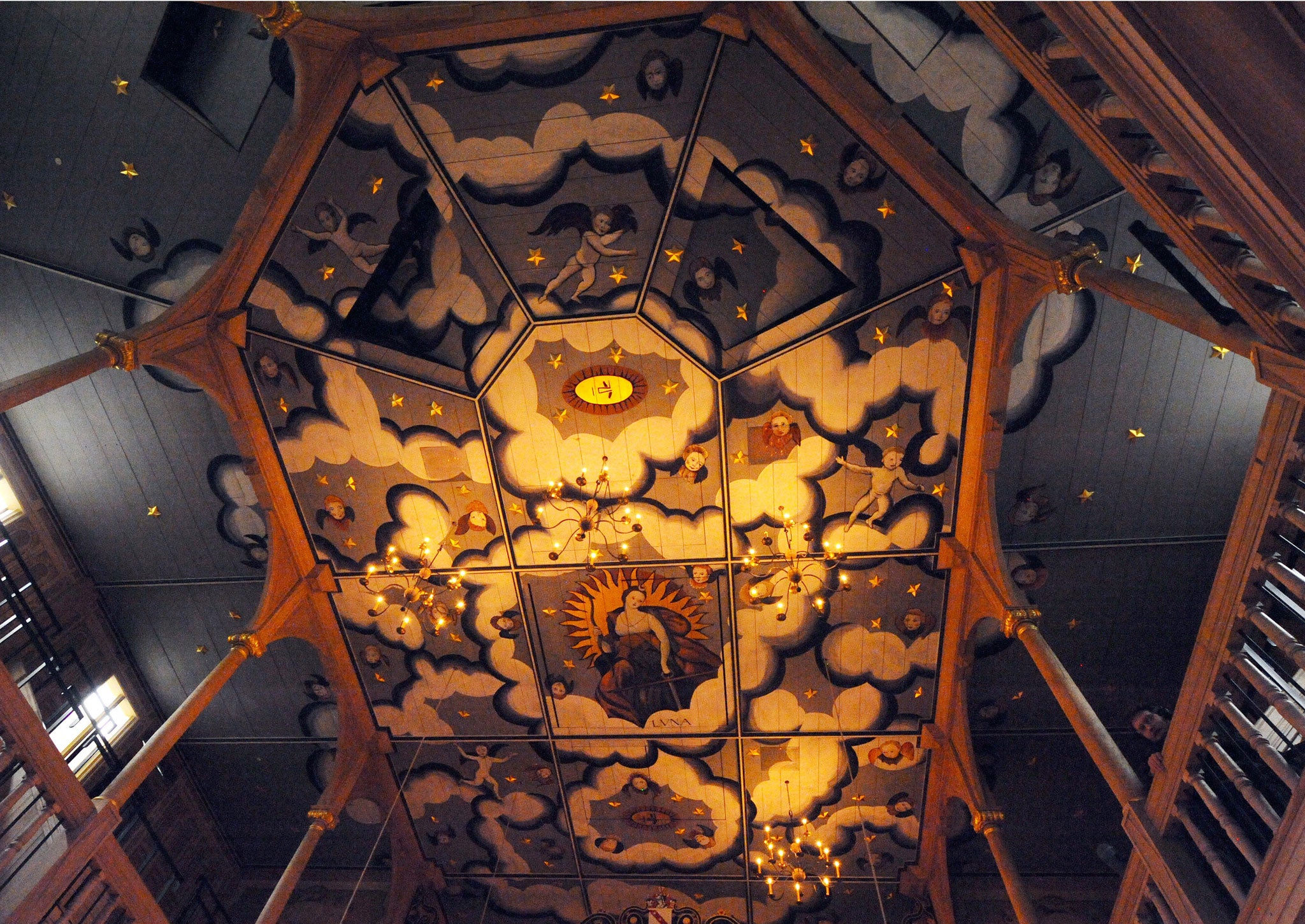 The decorative ceiling of the Sam Wanamaker Playhouse at Shakespeare's Globe