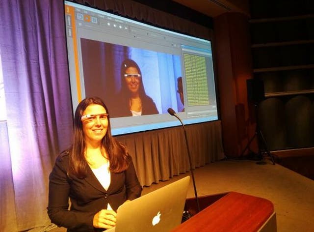 Cecilia Abadie wears Google Glass during a conference